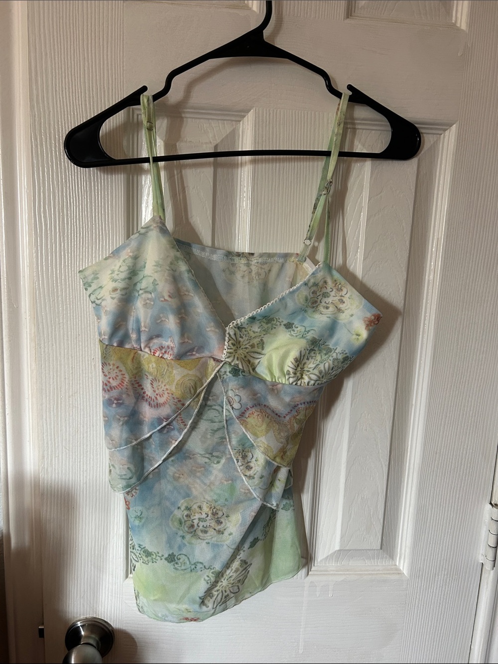 SHEIN Pastel Blue & Green Floral Sheer Ruffle Camisole